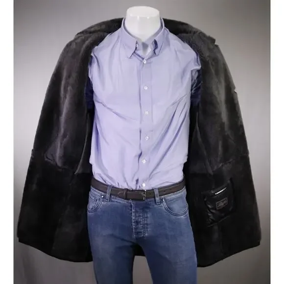 LaMatta Men's Black Leather Shearling Lined Coat Eu 54 - US 44 - Picture 7 of 10